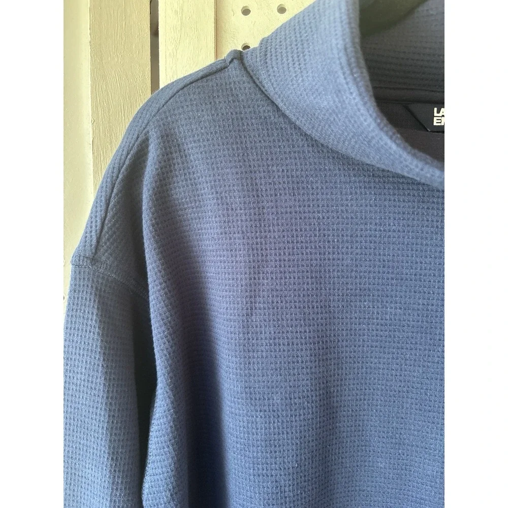 Lands' End Women's M Navy Blue Waffle Knit Funnel Cowl Neck Pullover Top LongSLV